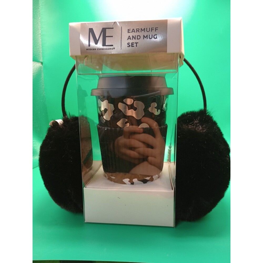 New Modern Expressions Black Faux Fur Earmuff and Leopard Ceramic Mug Set -STYLE